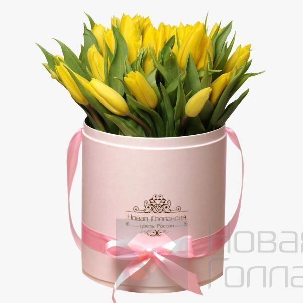 35 желтых тюльпанов в розовой шляпной коробке №221