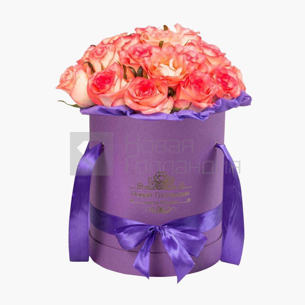 25 розовых роз в сиреневой шляпной коробке №160