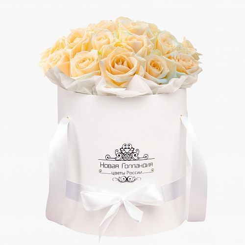 25 кремовых роз в белой шляпной коробке 