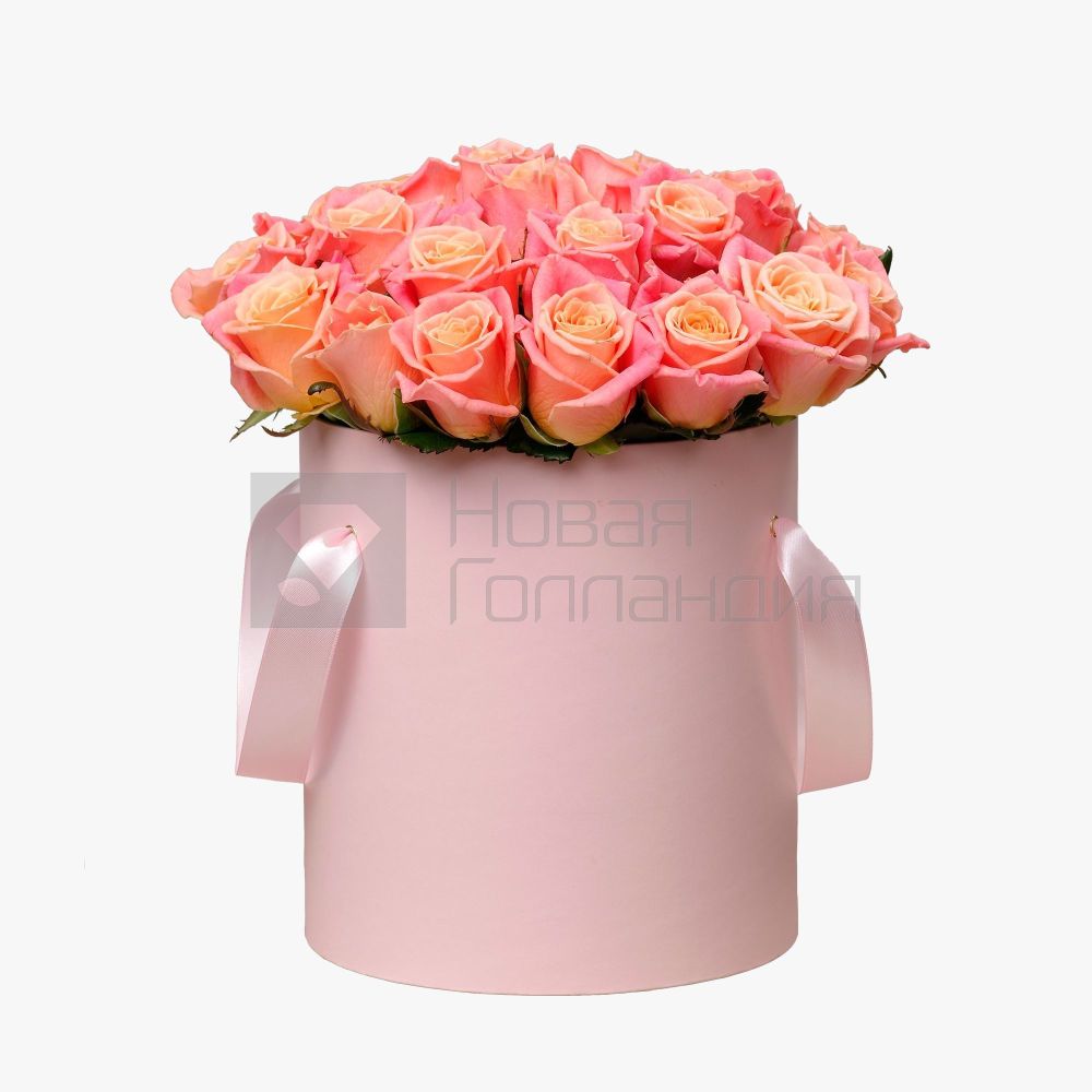 25 розовых роз в розовой шляпной коробке №19