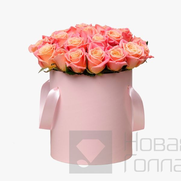 25 розовых роз в розовой шляпной коробке №19