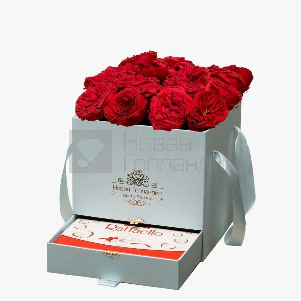 15 красных пионовидных роз Премиум в голубой коробке шкатулке рафаэлло в подарок №376