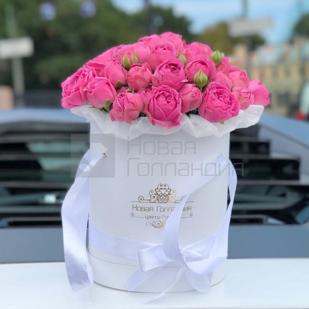 11 розовых кустовых пионовидных роз в белой шляпной коробке №22