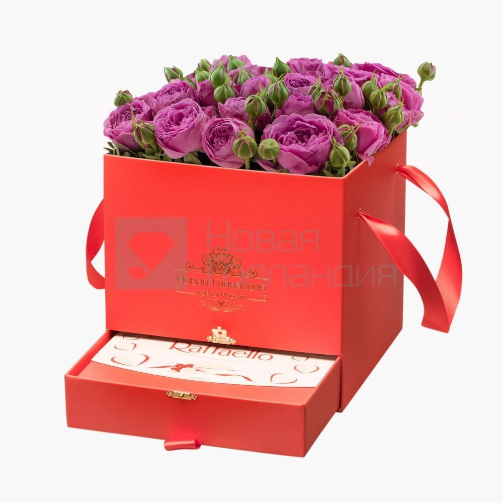 Красная коробка-шкатулка с розовой кустовой пионовидной розой №624
