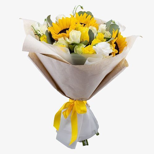 Букет из подсолнухов, роз и эустомы