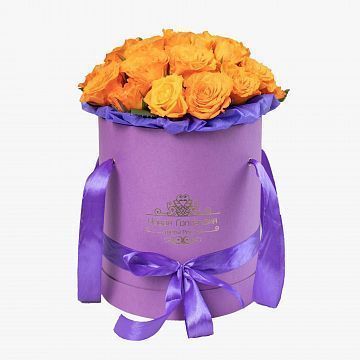 25 оранжевых роз в сиреневой шляпной коробке №599 25 оранжевых роз в сиреневой шляпной коробке №599