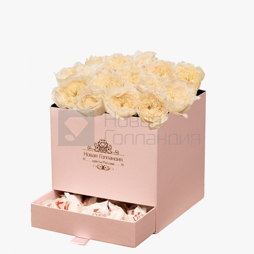 15 белых пионовидных роз Премиум в розовой коробке шкатулке рафаэлло в подарок №388