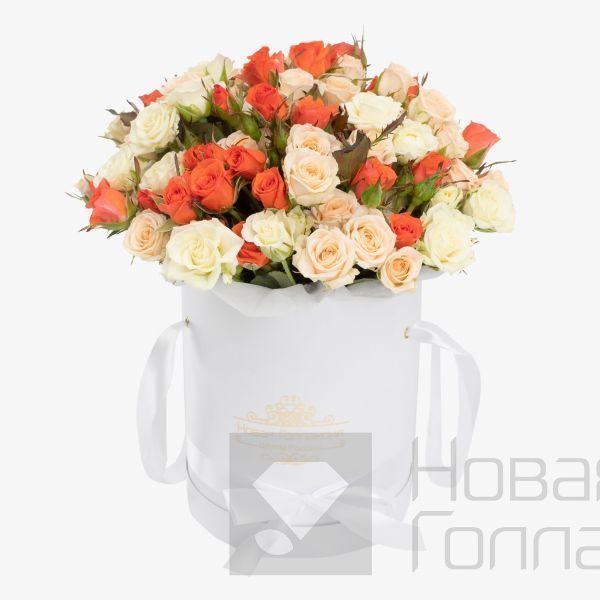 25 кустовых роз ассорти в белой коробке №816