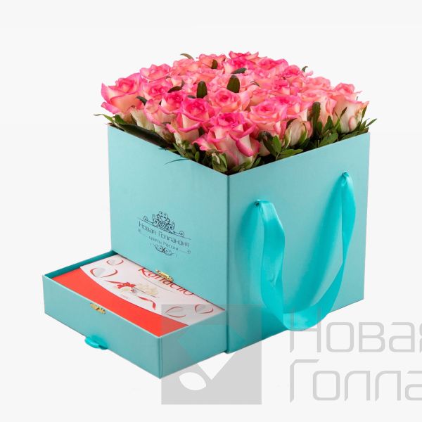 Коробка шкатулка Тиффани 25 розовых роз Raffaello в подарок №395