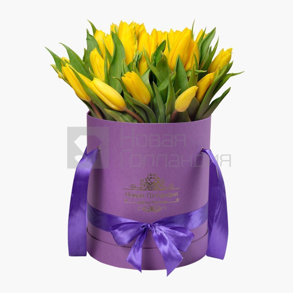 35 желтых тюльпанов в сиреневой шляпной коробке №224