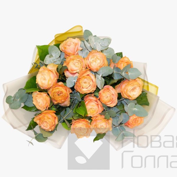 15 пионовидных персиковых роз Премиум с декором