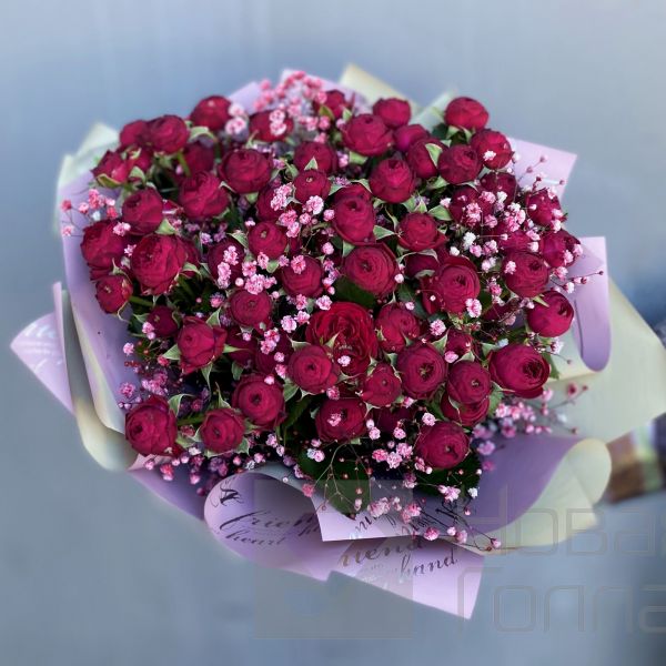 Букет 15 красных кустовых пионовидных роз с гипсофилой